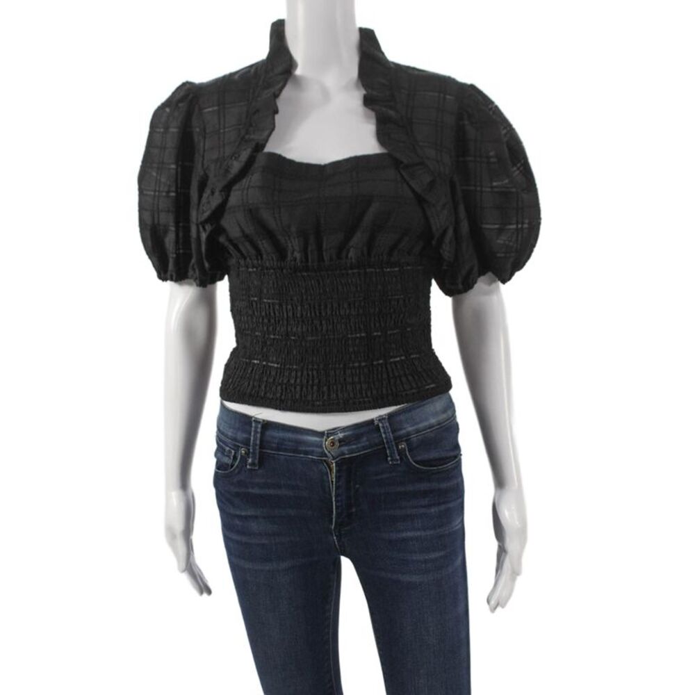 C/MEO Collective Women Cropped Black Plaid Mock Neck Short Sleeve Blouse Size S